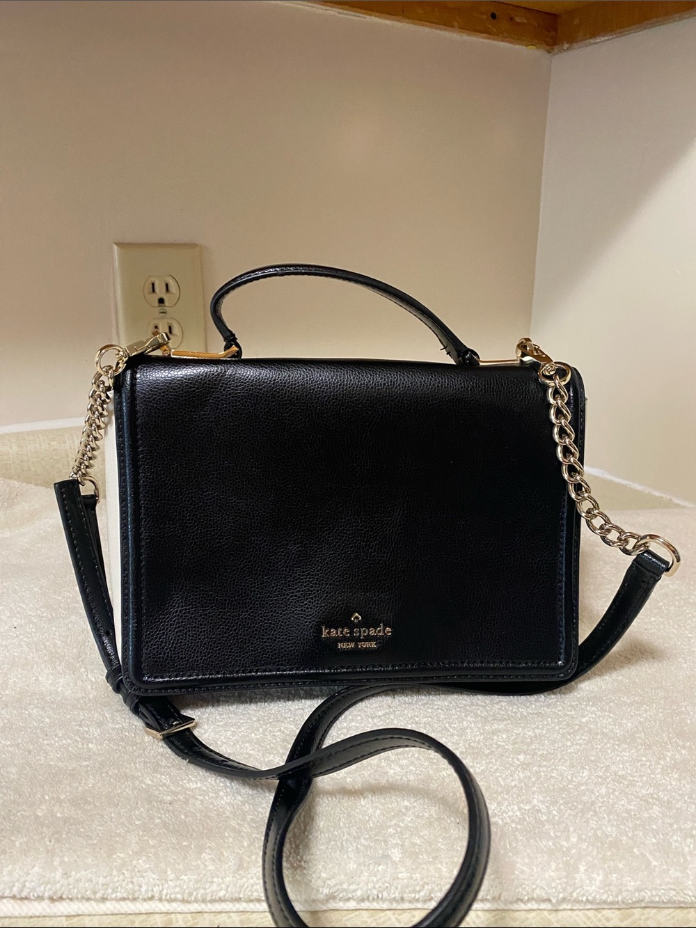 kate spade Black Leather Crossbody bag with Gold Chain